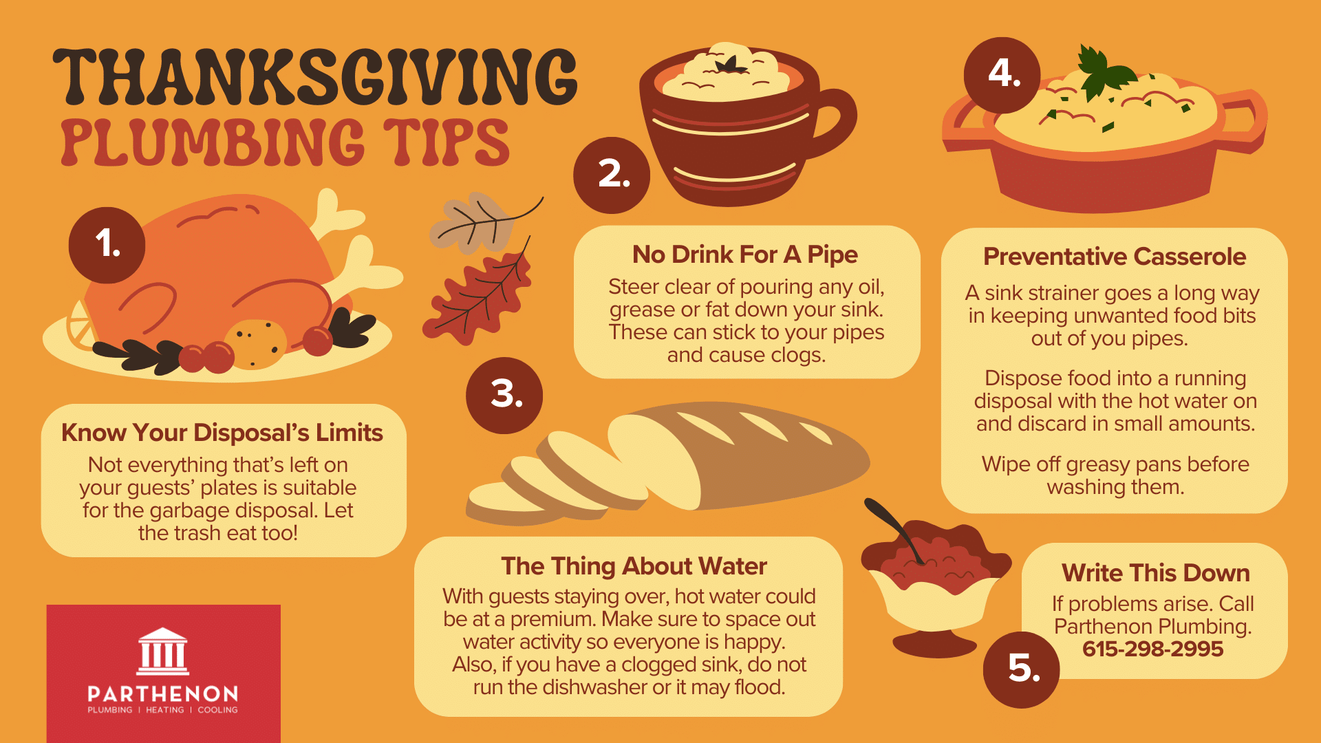 Thanksgiving Plumbing Tips to prevent flooding, clogs, and disposal malfunction this Thanksgiving.